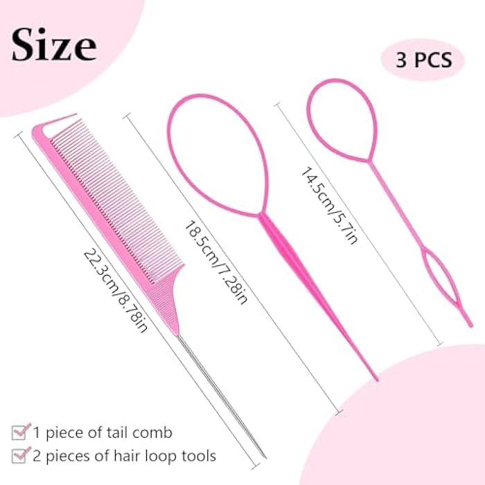 chenqi Hair Braiding Tool, Ponytail Holders, 3pcs Topsy Tool French Braid Loop Hair Tools for Ponytail Hair Looping Tool Hair Twister for Women Girl,Hair Styling Accessories Pink - Image 2